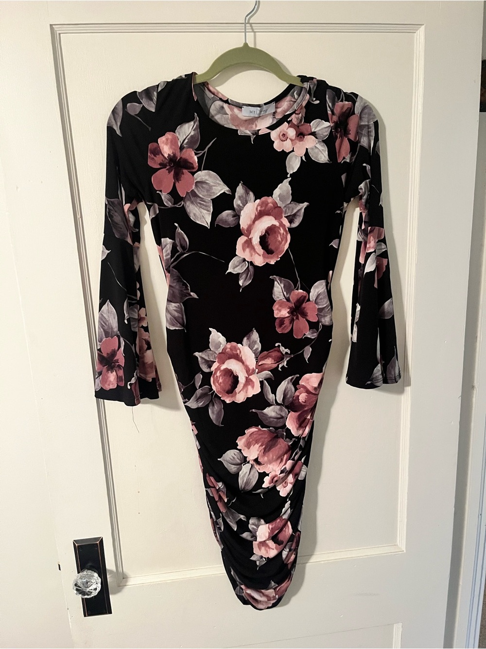 Maternity Floral Ruched Long Sleeve Dress - Black and Pink